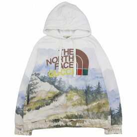 【中古】21AW グッチ × ザ ノースフェイス GUCCI × The North Face Trail Print sweatshirt トレイル プリント フーディー パーカー スウェット 裏毛 フーデッド トレーナー 総柄 ロゴ プルオーバー L 白 ホワイト マルチカラー 672474 XJDS7 【ベクトル 古着】 240313