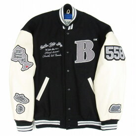 【中古】美品 ベターギフトショップ × ルーツ BETTER GIFT SHOP × ROOTS カナダ製 VARSITY JACKET バーシティジャケット スタジャン スタジアムジャンパー ブルゾン メルトン レザースリーブ ワッペン アウター L 黒 ブラック アイボリー/■S09/メンズ 【古着】 241213