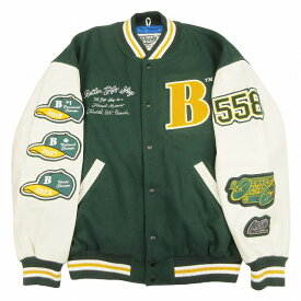 【中古】美品 ベターギフトショップ × ルーツ BETTER GIFT SHOP × ROOTS 2023 LEATHER VARSITY JACKET メルトン × レザー スタジャン バーシティ スタジアム ジャケット ワッペン パッチ 刺繍 ウール ブルゾン アウター カナダ製 XL 緑 黄 白 【ベクトル 古着】 241224