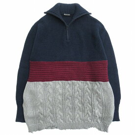 【中古】美品 18aw バレンシアガ BALENCIAGA ハーフジップ オーバーサイズ ニット セーター ドッキング ダメージ加工 切替 ハイネック 555959 紺 ネイビー ボルドー グレー メンズ△3 【ベクトル 古着】 230324