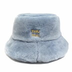 【中古】美品 22aw ミュウミュウ miumiu シアリング シープファー バケット ハット ロゴ金具 帽子 M 青 ブルー ゴールド レディース ▼4 【ベクトル 古着】 230411