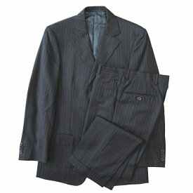 【中古】美品 ゼニア Zegna ウール ストライプ セットアップ スーツ ジャケット パンツ シングル 3釦 総裏 センターベント サイズ44 ダークネイビー系 メンズ 【ベクトル 古着】 231214