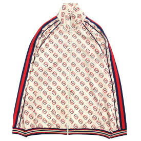 【中古】美品 19aw グッチ GUCCI インターロッキングG 総柄 ジャージ トラック ジャケット ブルゾン シェリーライン GG柄 ウェブライン オーバーサイズ M オフホワイト 赤 青 メンズ ■1 【ベクトル 古着】 240123