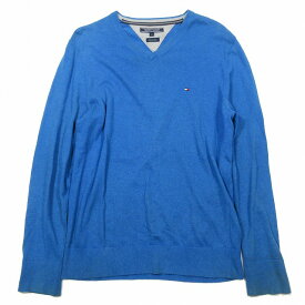 【中古】トミーヒルフィガー TOMMY HILFIGER ニット セーター 長袖 Vネック ワンポイント ロゴ カットソー AS CTN LINEN HTR V-NECK CF M ブルー/5▲B7 メンズ 【ベクトル 古着】 230722