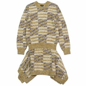 【中古】18AW シャネル CHANEL ニット ワンピース ドレス 長袖 ショート丈 チェック 総柄 カットソー 38 ベージュ系 メタリック/10▲B2 レディース 【ベクトル 古着】 240219