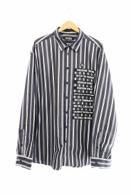 【中古】ラフシモンズ RAF SIMONS 21SS Stripe Oversize Shirt スローガンパッチ オーバーサイズ ストライプ 長袖 シャツ 54 グレー ブラック ブランド古着ベクトル 中古 230722/104 メンズ