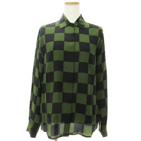 【中古】エムエスジーエム MSGM シャツ ブラウス 長袖 比翼 ブロック チェック 市松模様 シルク 100% グリーン 緑 ブラック 黒 40 S位 レディース 【ベクトル 古着】 231106