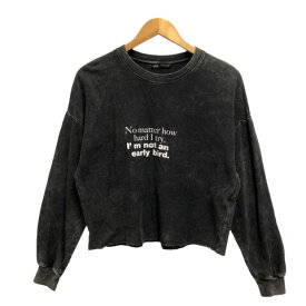 【中古】ザラ ZARA トップス トレーナー スウェット クルーネック ダメージ加工 プリント 綿 長袖 S 黒 ブラック グレー レディース 【ベクトル 古着】 231104