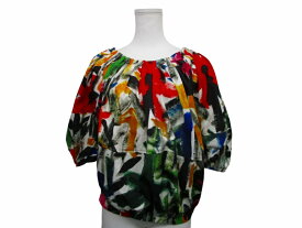 【中古】未使用品 マルニ MARNI タグ付き 20SS S/S CREW NECK SHIRT 総柄 プリント ギャザーネック 半袖シャツ ブラウス サイドスリット マルチカラー 42 Mサイズ相当 レディース 【ベクトル 古着】 240415