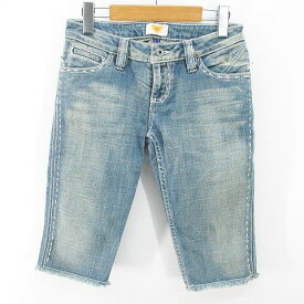 【中古】アンティックデニム ANTIK DENIM デニムパンツ ジーンズ 膝丈 ハーフパンツ ジップフライ 25 青系 ブルー インディゴ ステッチ スパンコール ビーズ カットオフ 綿 コットン レディース 【ベクトル 古着】 230720