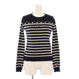 【中古】ヴァレンティノ ヴァレンチノ VALENTINO ニット セーター 長袖 クルーネック ボーダー柄 ロゴ 装飾 ウール XS 紺 ネイビー 白 ホワイト /BB レディース 【ベクトル 古着】 250905
