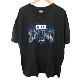 【中古】キスニューヨークシティ KITH NYC ゲリラヴィンテージシリーズ ハーレーダビッドソン ブルーファイヤーパターン プリントTシャツ カットソー ボックスロゴ 黒 ブラック 2XLサイズ 0427 メンズ 【ベクトル 古着】 240427