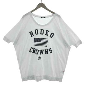 【中古】ロデオクラウンズワイドボウル RODEO CROWNS WIDE BOWL RCWB Tシャツ カットソー 五分袖 チュニック丈 ロゴ 星条旗 デニム コットン混 ホワイト 白 ブルー 青 F レディース 【ベクトル 古着】 230822