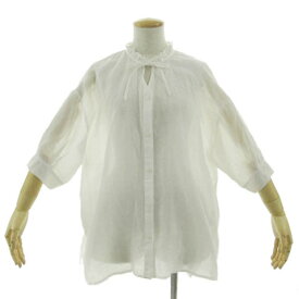 【中古】センソユニコ Senso unico Dw2R フリルネックリネンシアーシャツ 12147405 リボン 五分袖 テールカット 裾スリット 透け感 リネン100％ ホワイト 白 38 レディース 【ベクトル 古着】 251017