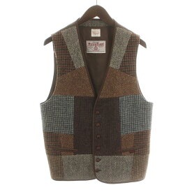 【中古】パパス Papas ハリスツイード Harris Tweed ツイードベスト ジレ ウール パッチワーク M グレー 茶 ブラウン ■GY19 /MW メンズ 【ベクトル 古着】 240514