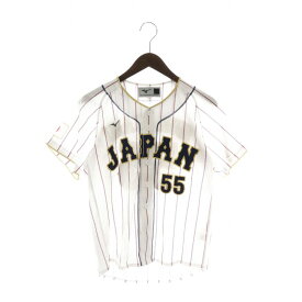 【中古】ミズノ MIZUNO 2023 WORLD BASEBALL CLASSIC WBC 日本代表 侍ジャパン 55 村上宗隆 レプリカ ユニフォーム メッシュ 半袖 ストライプ 刺繍 ワッペン JF 145〜160cm 白 ホワイト /XZ ■GY32 キッズ 【ベクトル 古着】 240917