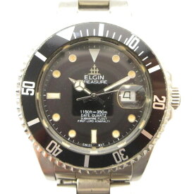 【中古】エルジン ELGIN FK-272 TREASURE トレジャー 腕時計 ウォッチ クォーツ 黒文字盤 カレンダー付き シルバー色 ■GY18 /MQ メンズ 【ベクトル 古着】 260408
