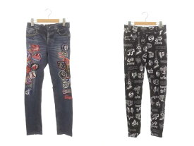 【中古】ヒステリックグラマー HYSTERIC GLAMOUR 22SS REBEL ROCK柄 リバーシブルスウェットパンツ イージー スキニー レギパン F 紺 黒 白 マルチカラー /MI ■OS レディース 【ベクトル 古着】 240313