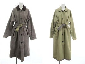 【中古】マウジー moussy 22AW HT REVERSIBLE ステンカラーコート リバーシブル アウター ロング 千鳥格子 リボンベルト付き 2 茶色 白 カーキベージュ /ES ■OS レディース 【ベクトル 古着】 240308