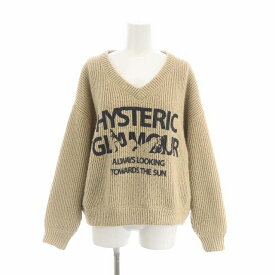 【中古】ヒステリックグラマー HYSTERIC GLAMOUR 23AW LOOKING AHEAD Vネックスウェットセーター ニット ロゴプリント ウール混 長袖 F ベージュ /HS ■OS レディース 【ベクトル 古着】 240319