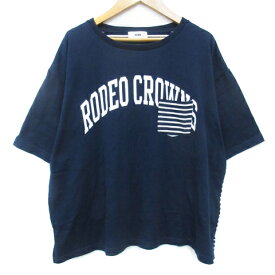 【中古】ロデオクラウンズワイドボウル RODEO CROWNS WIDE BOWL RCWB カットソー Tシャツ 半袖 ラウンドネック 切替 ロゴプリント ボーダー柄 F 紺 白 ネイビー ホワイト /FF42 レディース 【ベクトル 古着】 230419