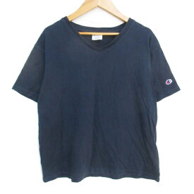 【中古】チャンピオン CHAMPION Tシャツ カットソー 半袖 Vネック ロゴ刺? M 紺 ネイビー /FF25 メンズ 【ベクトル 古着】 231012