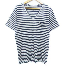 【中古】ピエールカルダン Pierre Cardin カットソー Tシャツ 半袖 Vネック リネン 麻 ボーダー柄 M 杢グレー 紺 ネイビー /FF33 メンズ 【ベクトル 古着】 240502