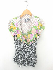 【中古】House of Wide チュニック ワンピース カシュクール 花柄 肩パッド 半袖 S 白 黒 ホワイト ブラック /TT30 レディース 【ベクトル 古着】 200228 ブランド古着ベクトルプレミアム店