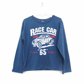 【中古】西松屋チェーン 子供服 Tシャツ カットソー ボートネック 長袖 綿混 プリント 英字 車 130 ネイビー 紺 /HT5 キッズ 【ベクトル 古着】 210917