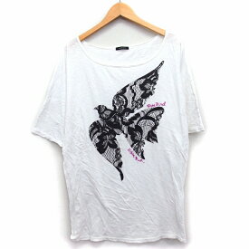 【中古】ローズバッド ROSE BUD ワンピース Tシャツワンピ ミニ 膝上 透け感 鳥プリント 刺繍 七分袖 サブリナネック コットン 綿 F ホワイト 白 /HT5 レディース 【ベクトル 古着】 230407