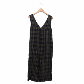 【中古】ザラウーマン ZARA WOMAN オールインワン ノースリーブ Vネック ハーフボタン チェック M ダークグリーン 緑 /KT8 レディース 【ベクトル 古着】 230506