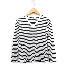 【中古】アズールバイマウジー AZUL by moussy ボーダー柄 Vネック Tシャツ カットソー 長袖 M ホワイト 白 ブラック 黒 /FT35 レディース 【ベクトル 古着】 231002