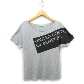 【中古】ユナイテッド・カラーズ・オブ・ベネトン UNITED COLORS OF BENETTON カットソー ボートネック コットン混 ロゴ プリント 透け感 半袖 S グレー /NT21 レディース 【ベクトル 古着】 231006