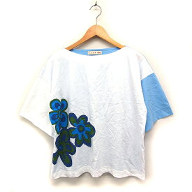 【中古】ユニクロ UNIQLO × マルニ MARNI フラワープリント カットソー Tシャツ 五分袖 ボートネック 綿 S ホワイト 白 ライトブルー /FT26 レディース 【ベクトル 古着】 240422