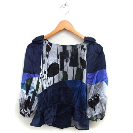 【中古】センソユニコ Senso unico シルク バックボタン シャツ ブラウス リボン プリント 七分袖 40 紺 ネイビー /NT21 レディース 【ベクトル 古着】 250808