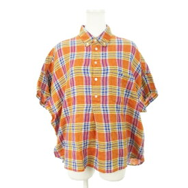 【中古】ビームスボーイ BEAMS BOY EXCLUSIVE FABRIC シャツ ボタンダウン ハーフボタン 半袖 麻 リネン ゆったり オーバーサイズ チェック 総柄 オレンジ /AH13 ☆ レディース 【ベクトル 古着】 240326