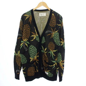 【中古】ワコマリア WACKO MARIA PINEAPPLE CARDIGAN パイナップル ニットカーディガン 長袖 Vネック 総柄 M 黒 ブラック 18SS-WMK-KN02 /KH メンズ 【ベクトル 古着】 240307