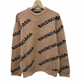 【中古】バレンシアガ BALENCIAGA ロゴ ジャガード クルーネック ニット セーター 長袖 S ベージュ レディース 【ベクトル 古着】 240324