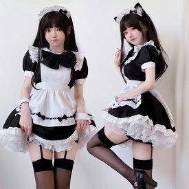【★P10倍★送料無料】メイド服 コスプレ コンカフェ メイド ショート丈 可愛いリボン メイドコスチューム ハロウィン仮装 レディース メンズ セット 一式 こすぷれ イベント パーティー 大人 女装 ハロウィン 学園祭 撮影