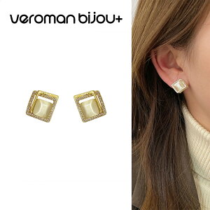 VeroMan BIJOU+ ピアス 猫目石ピアス 幾何デザイン 幾何スクエア×猫目石が幻想的 透かしデザインの上品ピアス 925銀針風 シンプルジュエリー レディースピアス 韓国アクセサリー