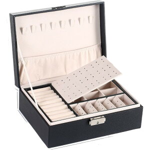 アクセサリーケース ジュエリーボックス 宝石箱 小物入れ 2段 カギ付き 大容量 収納 整理 保管 四角形 スクエア フック 仕切り おしゃれ 可愛い シンプル レザー調 無地 イヤリング ピアス ネ