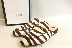 【中古】二子玉)GUCCI グッチ ゼブラハラコミュール フラット ビットローファーサンダル レザー ホワイト×ブラウン レディース 35 22.5cm