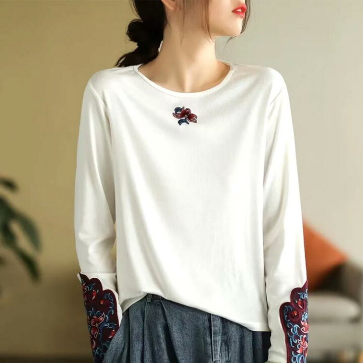 楽天市場】カットソー 長袖tシャツ フラワー刺繍tシャツ tシャツ 