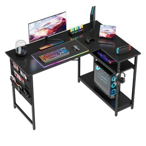 Alebertパソコンデスクゲーミングデスク幅107*奥行80*高さ74cm机L字デスク勉強机テーブル作業机ラック付きデスクl字型デスク棚板高さ調節可能省スペース(ブラック)