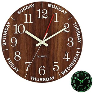 壁掛け時計木製夜光電池式掛け時計丸型連続秒針静音夜の光時計大文字曜日を調整することが可能曜日日付掛け時計部屋装飾プレゼント直径30cm