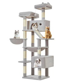 Taoqimiao キャットタワー 高さ180cm 大型猫用 多頭飼い対応 据え置き 省スペース 転倒防止付き 運動不足解消 安定感 天然麻紐の猫の爪とぎボード 特大猫ハウス付き 金属フレームハンモック …