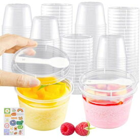 プリンカップ プリン容器 ゼリーカップ 使い捨て容器 透明 耐熱 蓋付き スプーン付き デザートカップ 使い捨てプリンカップ デザート ケーキ カップ 冷たい飲み物用 シール付きのコップ …