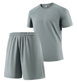 [Perturga] 上下セット メンズ スポーツウェア ジャージ summer サッカー パジャマ クールネック 運動服 tシャツ 冷感 セットアップ ライトグレー L