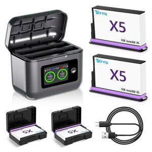 Styvra Insta360 X5 �o�b�e���[&�X�}�[�g�[�d��Z�b�g�A2800mAhx2�o�b�e���[�A�f���A���X���b�gUSB-C�}���[�d��ALCD�p�[�Z���g�\����MicroSD�J�[�h�X���b�g�t��