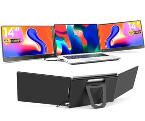 KOGODAトリプルモニター14インチモバイルデュアルモニター3画面ディスプレイType-C/USB2.0対応11.6~15.6インチノートパソコン用180°回転折りたたみ式デュアルディスプレイケーブル一本で接続FHD…